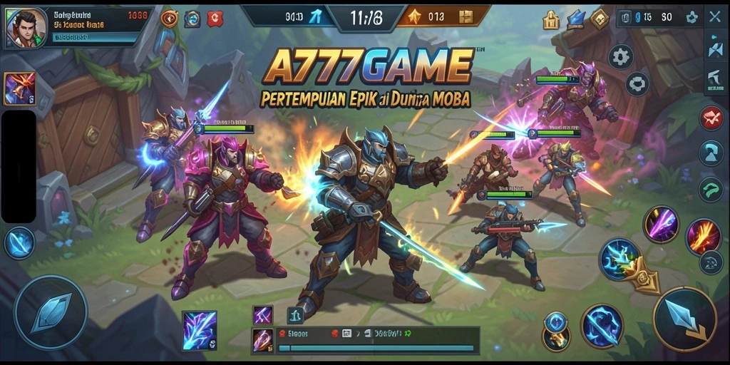 Screenshot A777GAME menunjukkan pertarungan intens dalam gameplay MOBA.