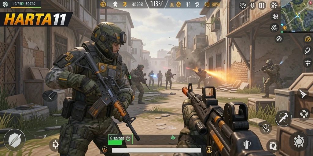 Gameplay intens HARTA11 dengan aksi tembak-menembak yang seru.